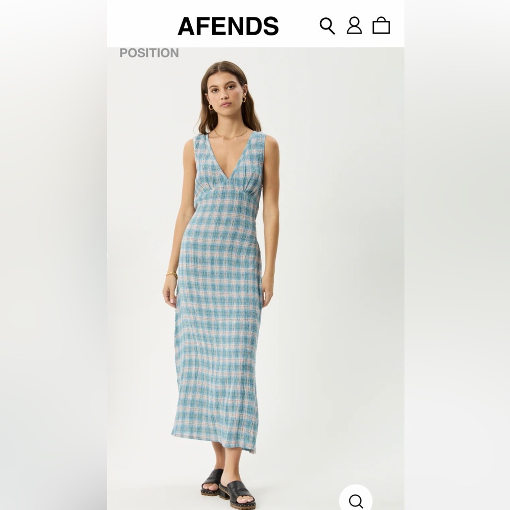 Afends Position Seersucker Check Maxi Dress XS Lake Check Blue Tully Plaid Hemp